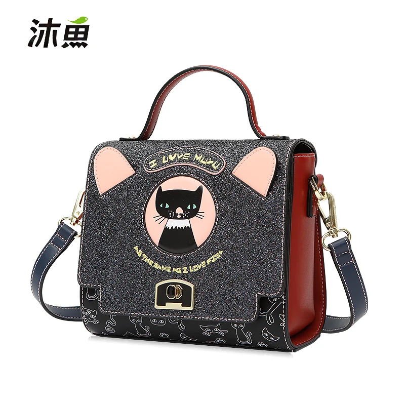 

Women Leather Embroidery Handbags Girl Shoulder Bags Messenger Bag Female Totes Braccialini Style Art Cartoon Cat Shiny Blue