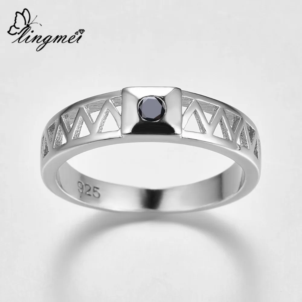 Lingmei модное кольцо с круглой огранкой из черного циркония, серебряное кольцо, размеры 6, 7, 8, 9, ювелирные изделия для женщин,, простой стиль, подарки