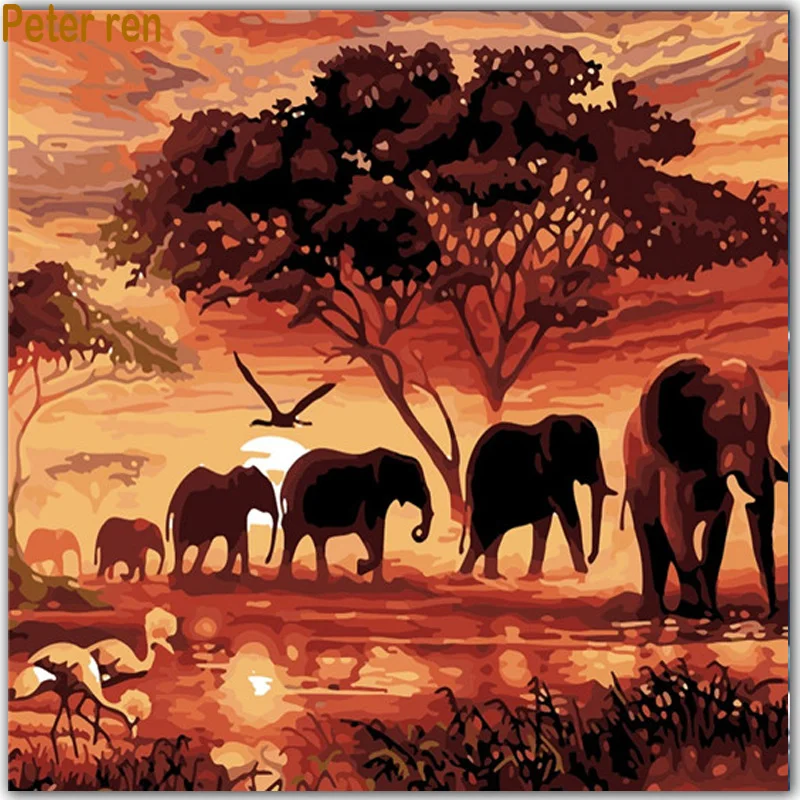

Peter ren Diamond painting landscap Square&Round Diamond mosaic embroidery hand-painted decorative painting dusk Elephant crane