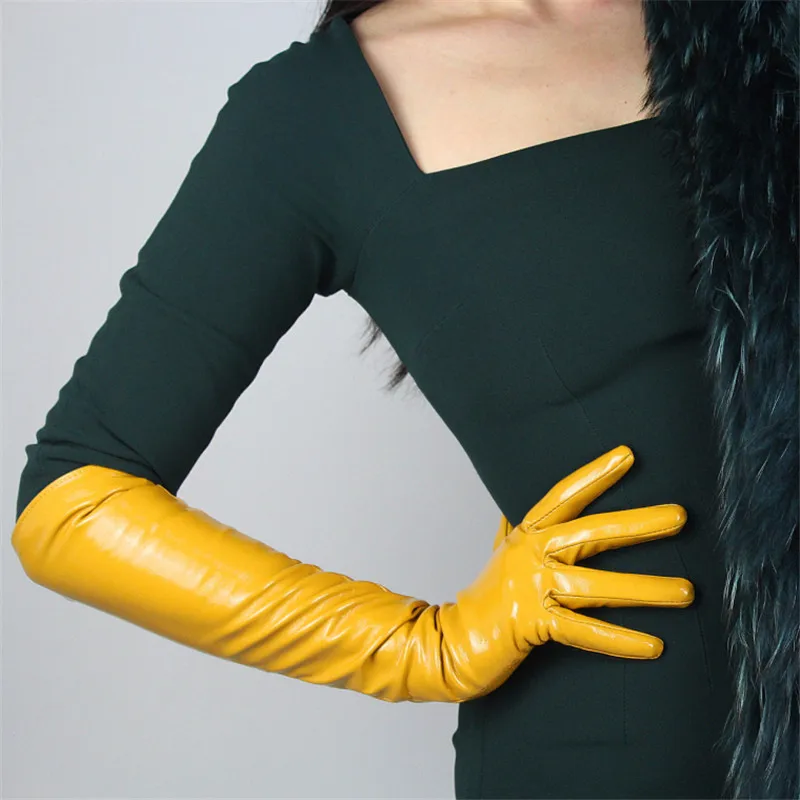 

Patent Leather Long Gloves 50cm Long Style Emulation Leather PU Bright Leather Bright Yellow Egg Yolk Ginger Yellow Female WPU61