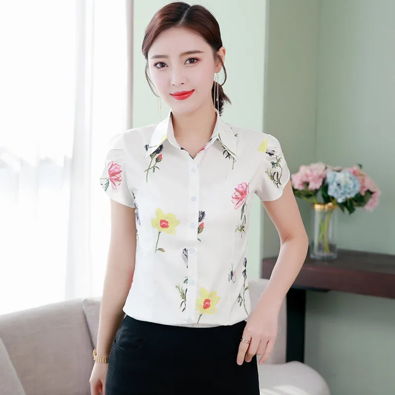 

Fashion Flower Print Women Blouse And Tops Turn Down Collar Plus Size Office Ladies Shirt White Pink Blue Female Tops 4xl 5xl