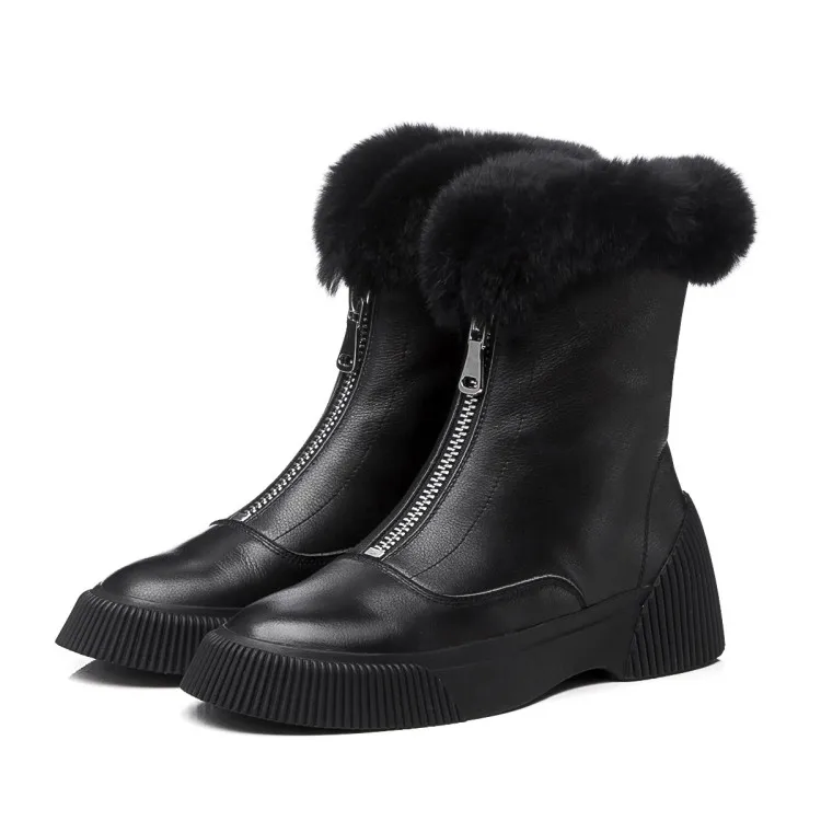 GPOKHDS women snow boots cow leather zippers winter warm wool blend round toe high heels boots - Цвет: Black