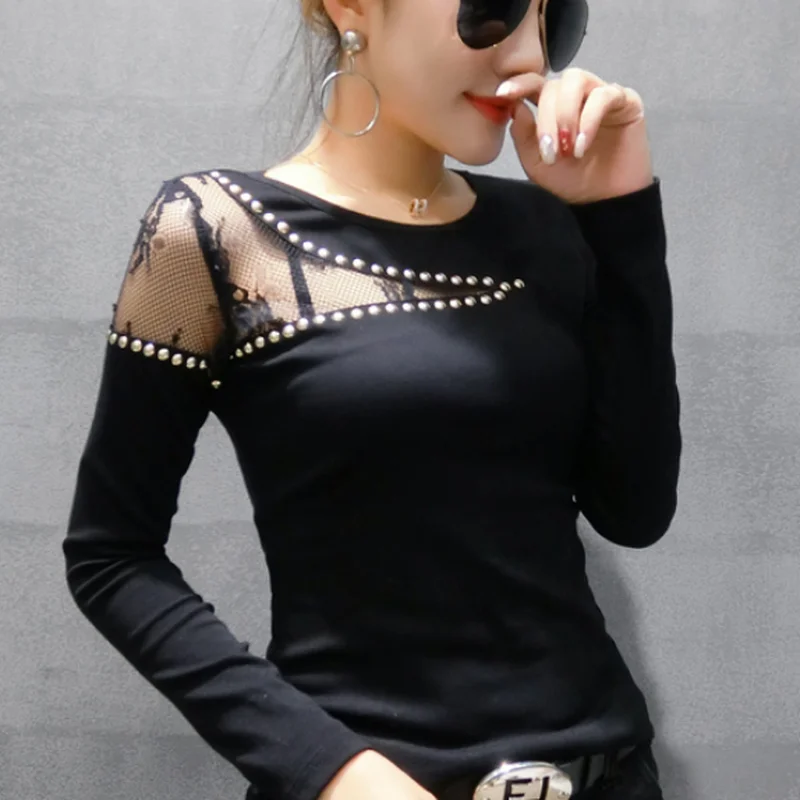 Заклепки рубашки вышитые бисером 2019 весенне-осенняя женская футболка со