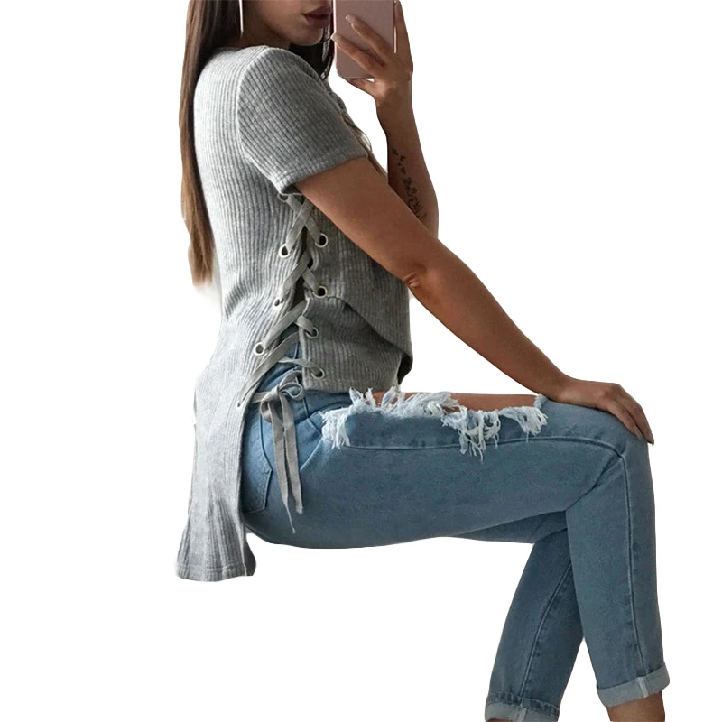 Одноцветное Цвет футболки женские на шнуровке сбоку короткое спереди и длинное