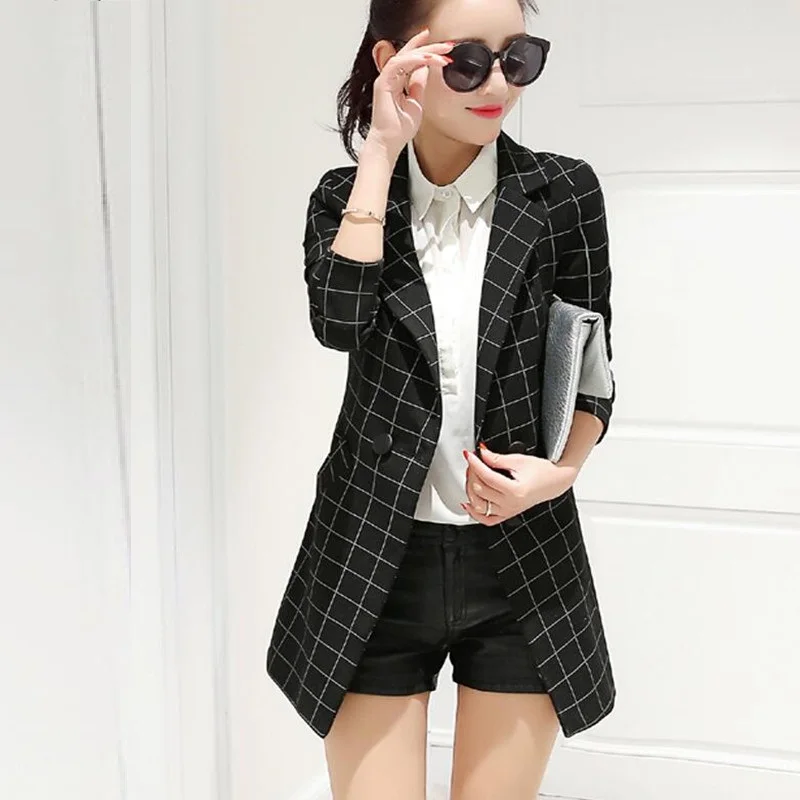 New Spring Autumn Women Blazer Plus Size Fashion Turn-Down Collar Slim Casual Plaid For Larger Out Wear Suits | Женская одежда
