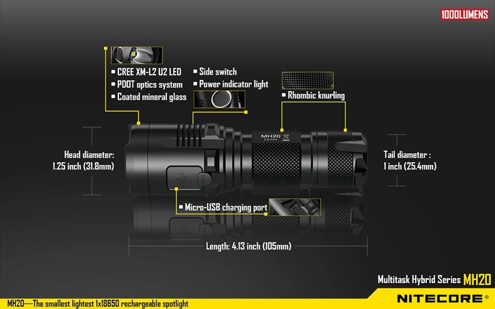 Nitecore MH20 светодиодный фонарь с аккумулятором 3200 мАч CREE XM-L2 U2 светодиодный перезаряжаемый мини-фонарик водонепроницаемый светодиодный фонарь без аккумулятора