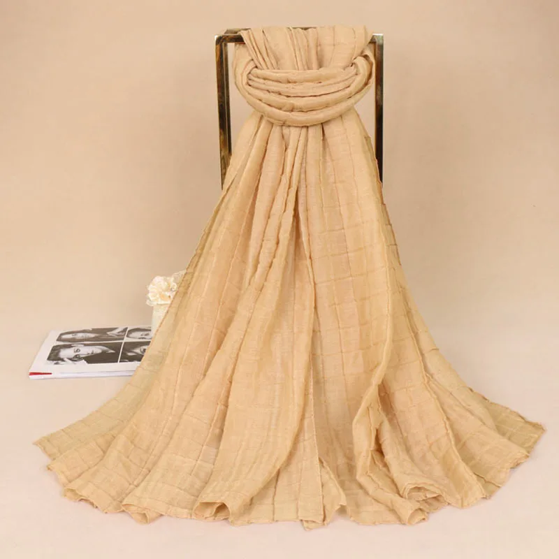 2019 women's new scarf monochrome crease plaid Bali yarn ladies fashion Muslim folds solid color cotton and linen | Аксессуары для