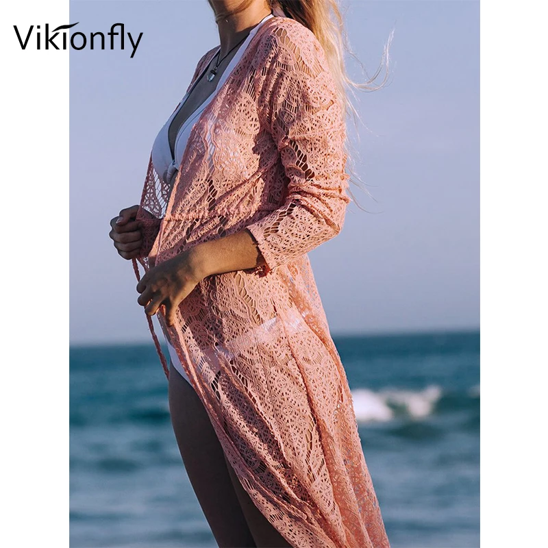 Длинная Пляжная накидка Vikionfly Женский вязаный кружевной купальник купальный
