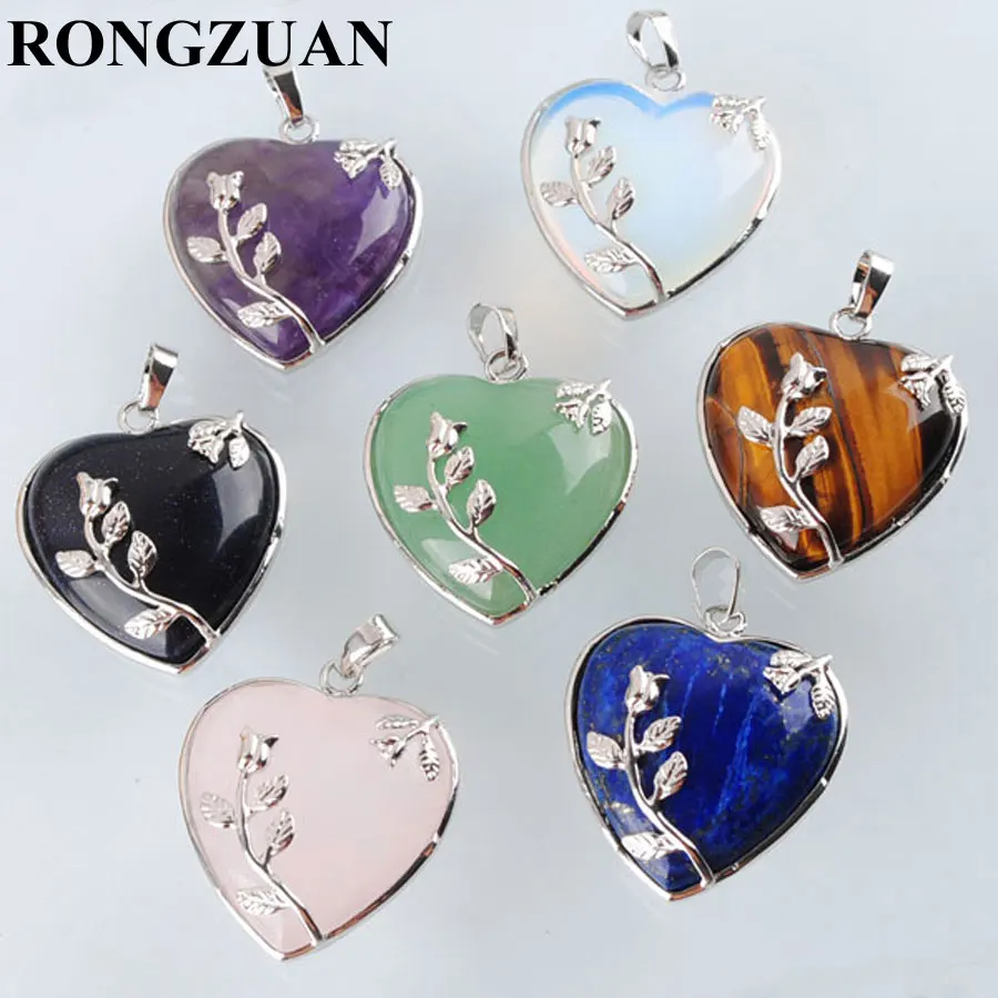 

Natural Tiger's Eye Lapis Lazuli Blue Sand Opalite Rose Quartzs Amethysts Aventurine Stone Heart Pendant Beads 7pcs/lot TC059