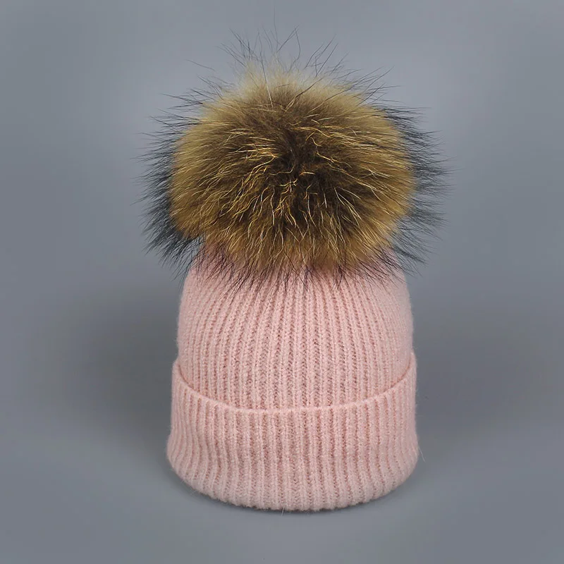 Pink Шапка с помпоном из натурального меха енота, толстая зимняя женская шапка, вязаная шапка из кашемира и шерсти, женская шапка Skullies Beanies - Цвет: Pink