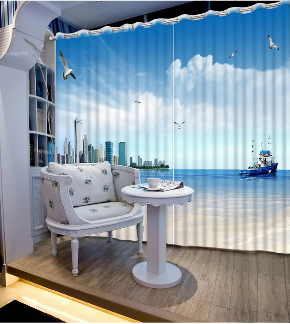 

Customize Blue sky, white clouds, sea 3D Curtains For Living room Bed room Office Hotel Home Wall Window Blackout Curtains