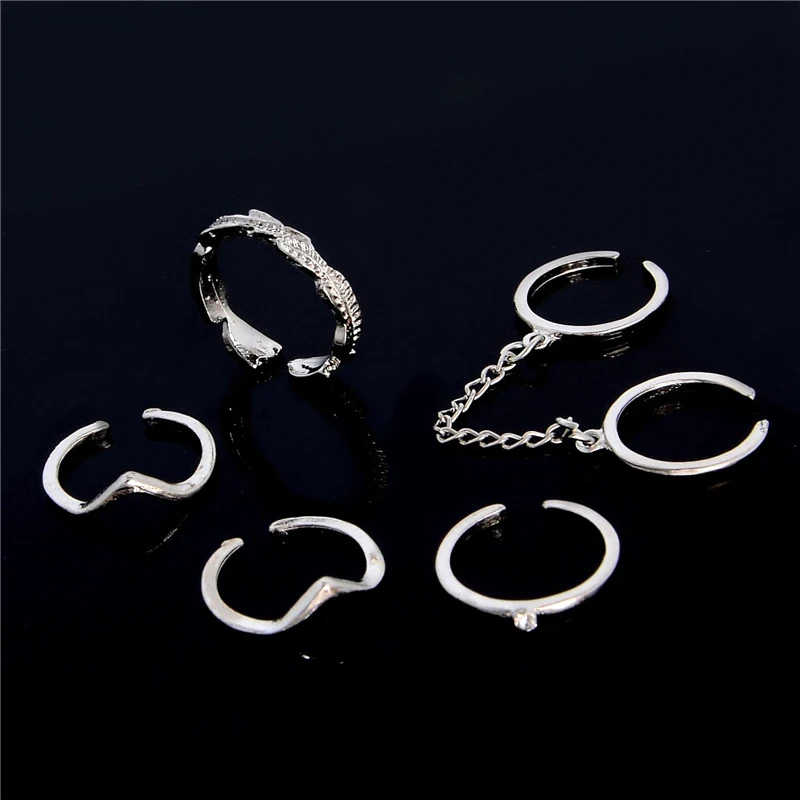 

QCOOLJLY New 6pcs /lot Shiny Punk style Gold Color Stacking midi Finger Knuckle rings Charm Leaf Ring Set for women Jewelry
