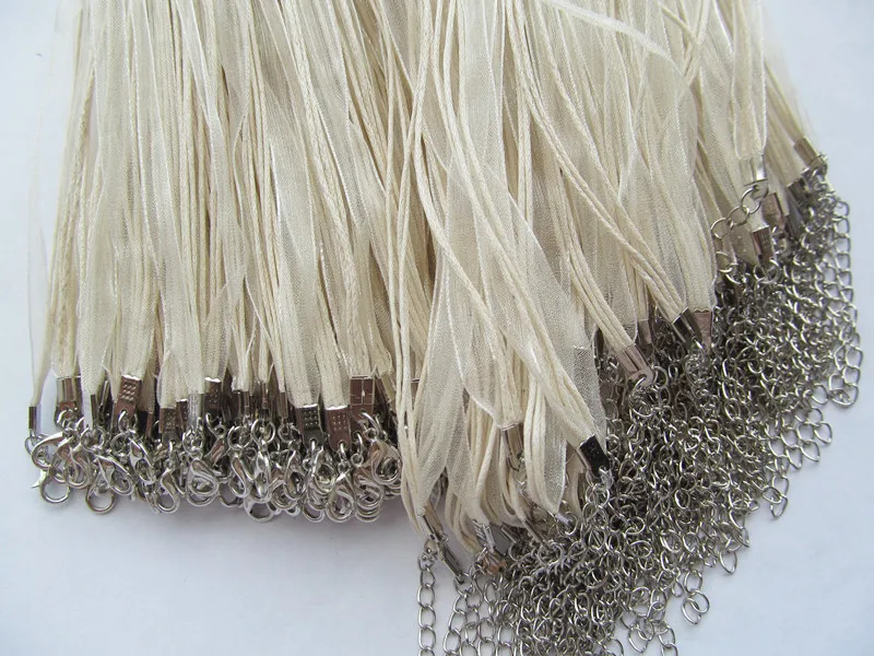 Free Shipping 100pcs 18inch Beige Organza Ribbon Wax Cotton Necklace Cord String,Extender Chain,Lobster Clasp,DIY