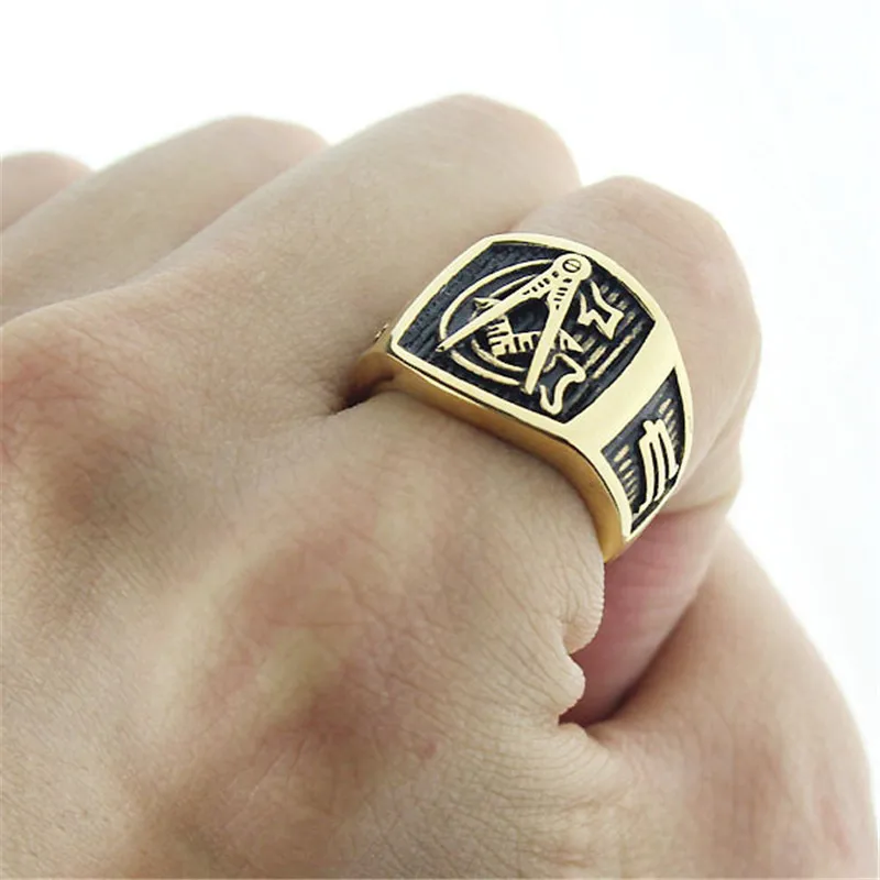 Мужское кольцо Freemason с золотым оттенком каменщик 316L масонское из нержавеющей