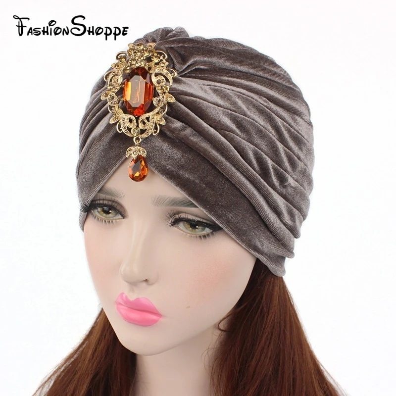 New gorgeous soft Velvet turban velour Hair cover headwrap Hijab Hat with gold color jewelry pendant #YS323 | Тематическая одежда