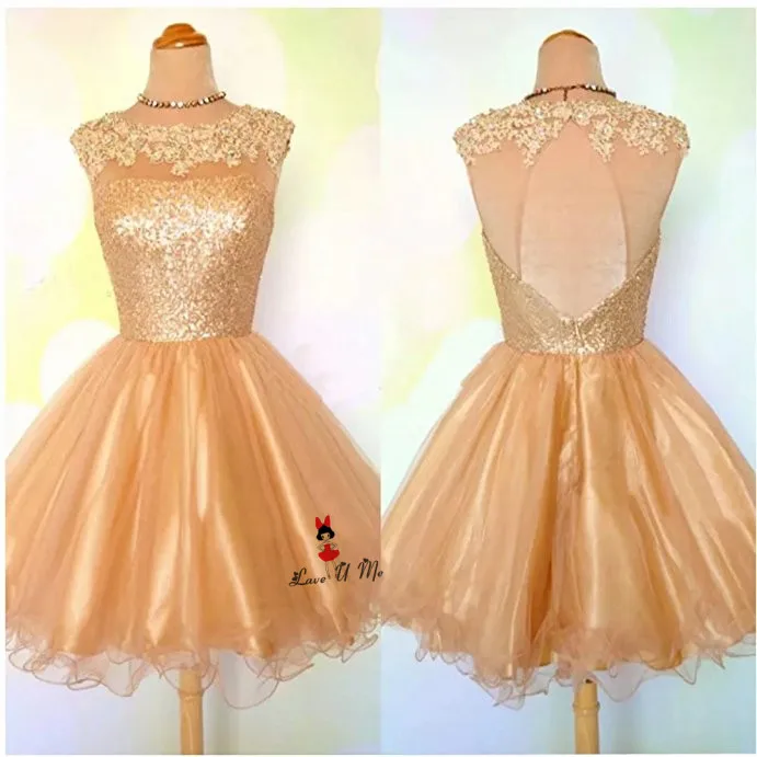 Modest New Year Champagne Gold Prom Dresses Short 2018 Sequined Lace Homecoming Party Dress Above Knee Open Back Gala Jurken | Свадьбы и