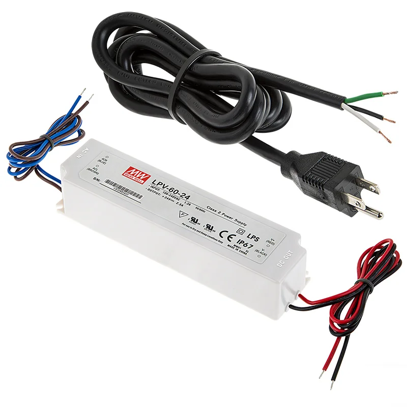 With Power Plug Mean Well водонепроницаемый Светодиодный источник питания-серия LPV 60W одиночный выход Светодиодный источник питания 5V 12V 24V DC 60W импульсный источник питания - Цвет: With Power Plug