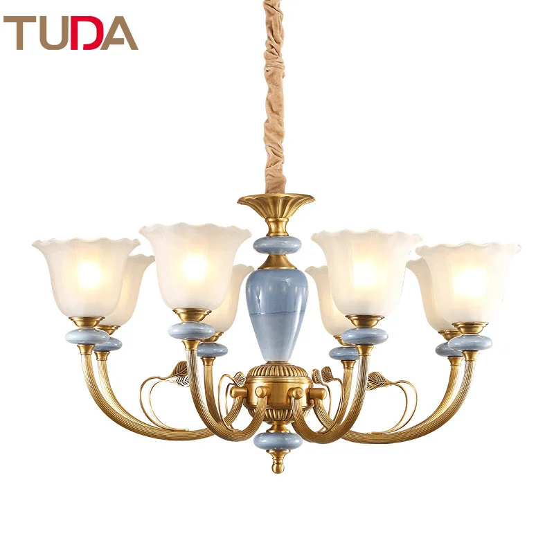 

TUDA LED Chandelier Living Room Study Frosted Glass American Copper Chandelier Ceramic Chandelier E27 110V 220V