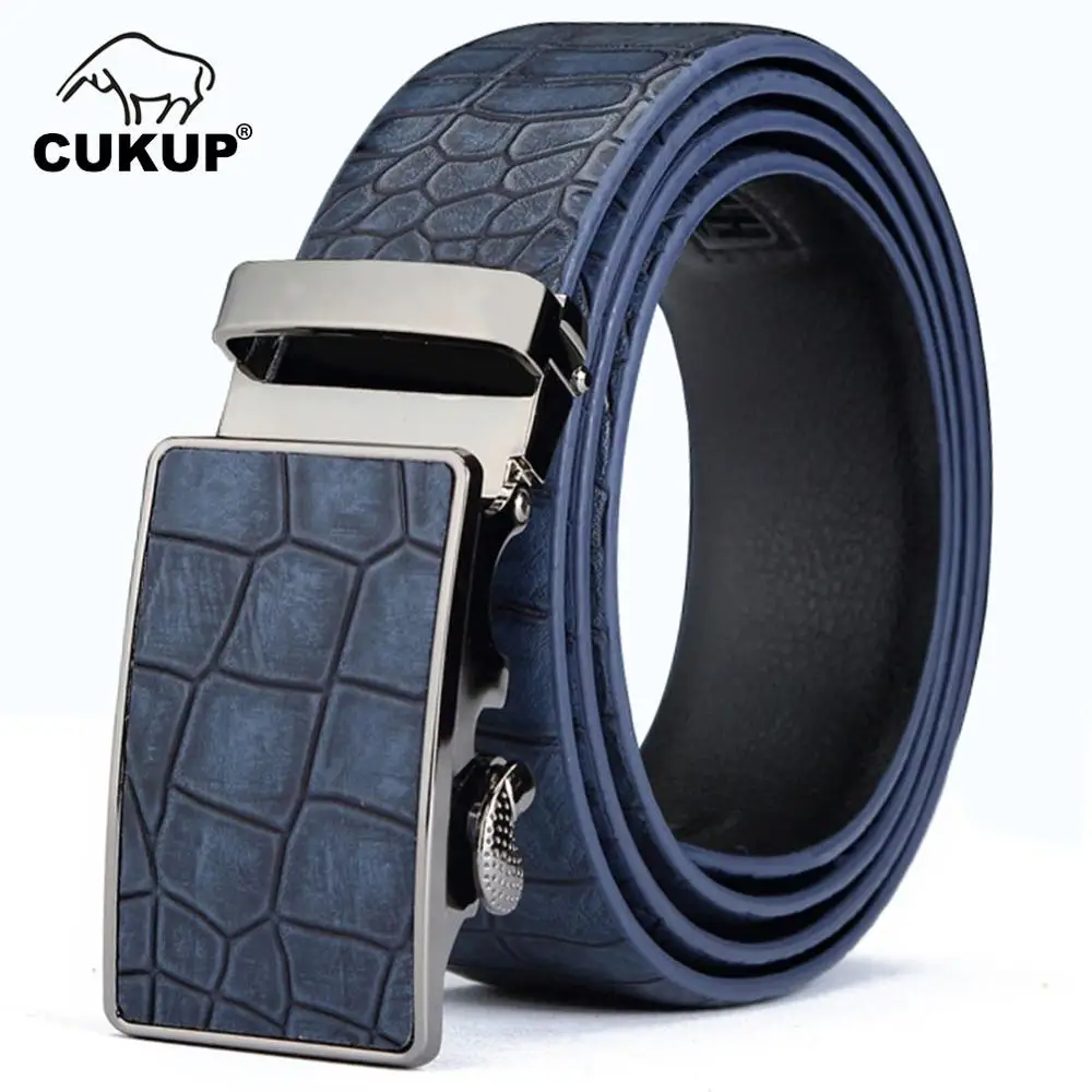 CUKUP Men's Leather Cover Automatic Buckle Metal Belts Quality Crocodile Stripes Blue Cow Skin Accessories Belt for Men NCK133