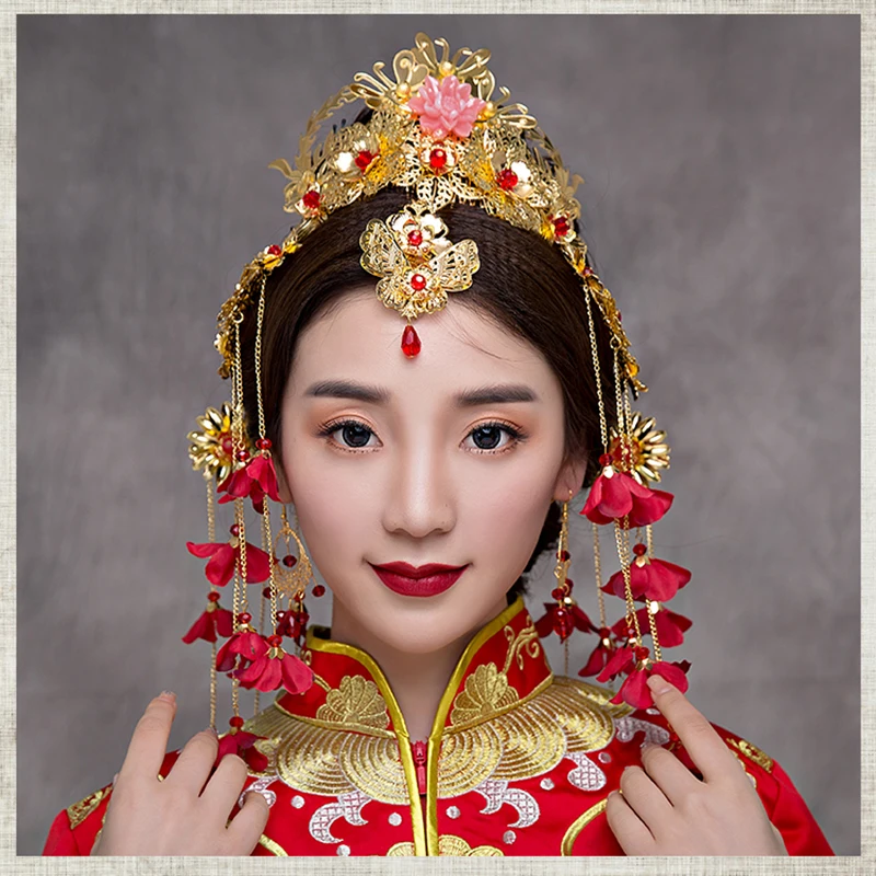 Китайский традиционный свадебный головной убор длинный красный цветок Кисточки