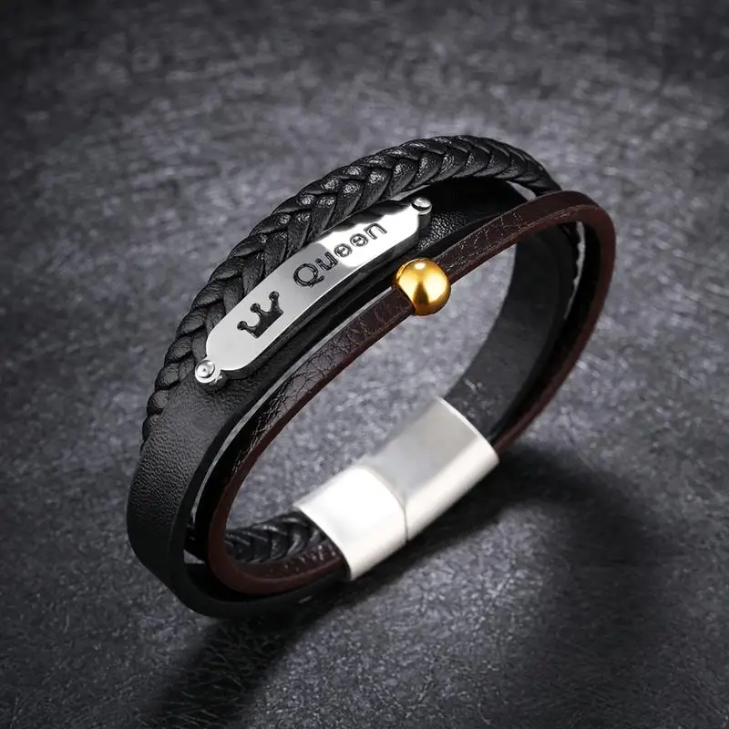 Jiayiqi Punk Genuine Leather Bracelets For Men Jewelry Stainless Steel Queen Bangle Braided Rope Chain Multilayer Wristband Gift | Украшения