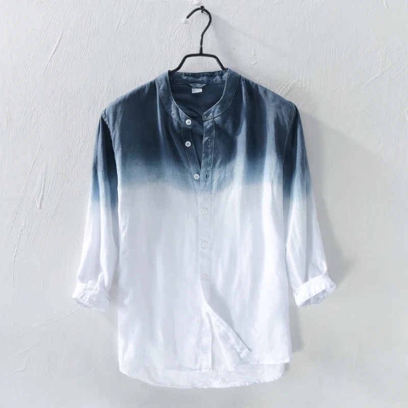 

Suehaiwe's brand long sleeve gradient linen shirt men casual fashion stand collar flax shirt mens comfortable chemise camisa