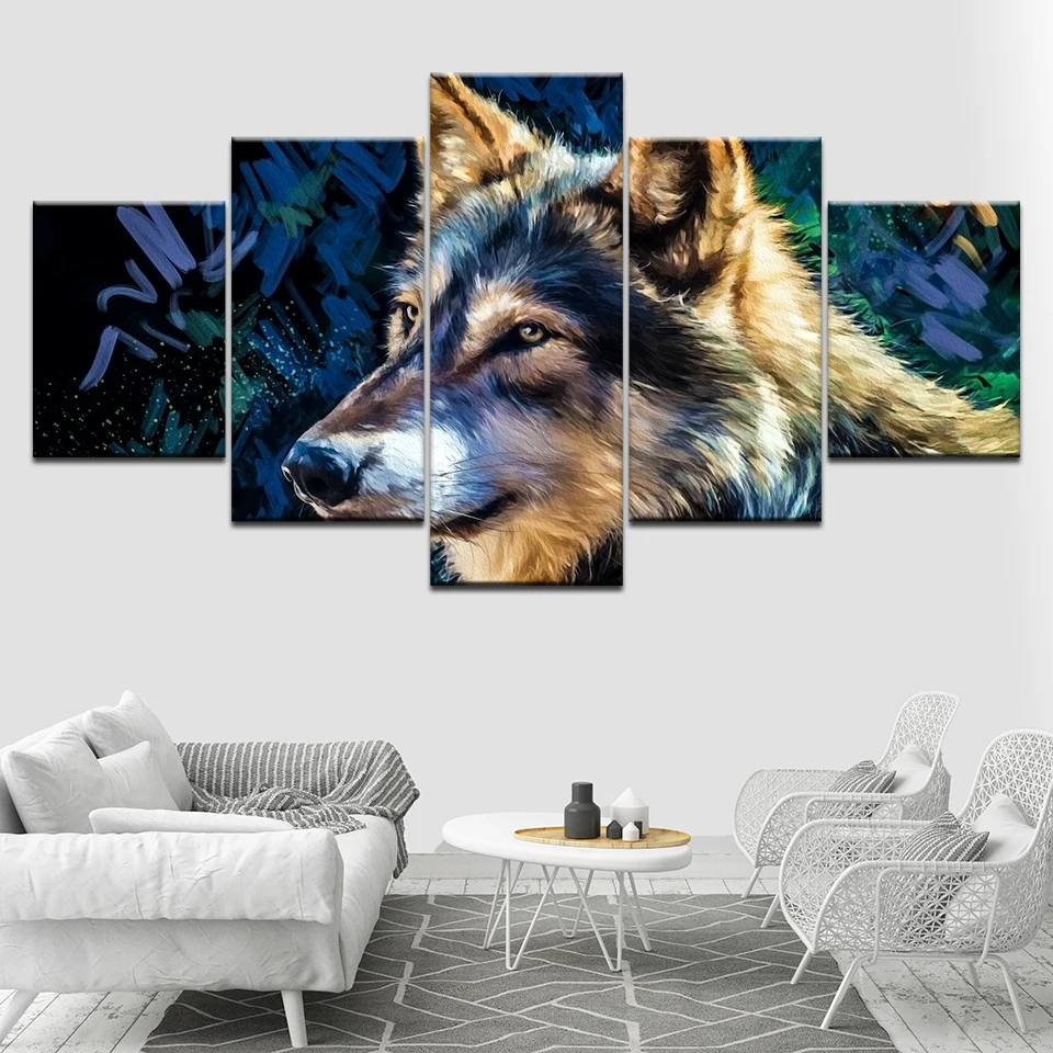 Modular Canvas Living Room Pictures Poster Home Decor 5 Panel Animal Gray Dog Framework HD Printed Modern Painting Wall Art | Дом и сад