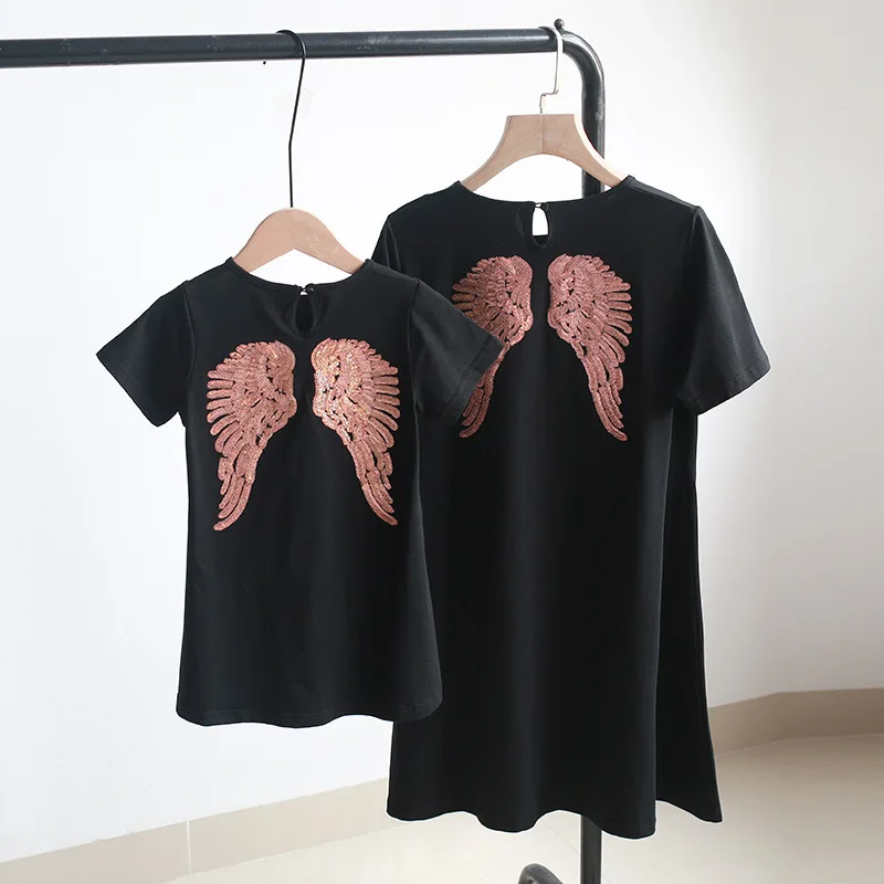 

Mom And Daughter Dress Angle Sequins Wings Black Dresses Mommy And Me Summer Outfit Clothes Big Sister Little Sister Clothing