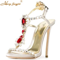 women%e2%80%99s luxury white wedding rhinestone sandals 2021 summer bride genuine leather super stiletto heels girl party lace up shoes