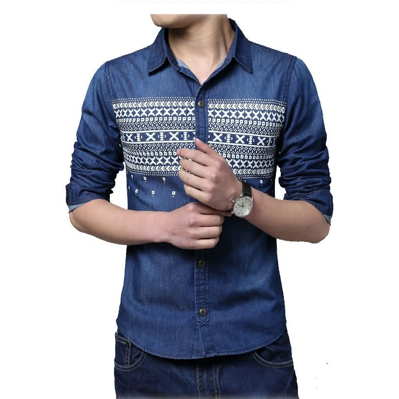 Рубашка мужская джинсовая с длинным рукавом 2017 хлопок 5XL|chemise homme|casual chemisemale slimming |