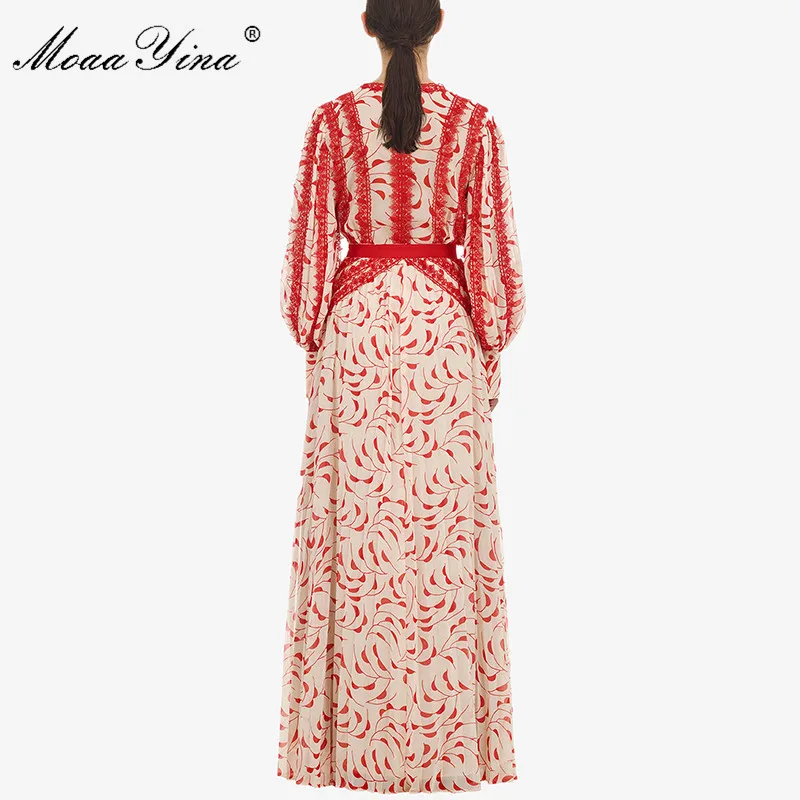 

MoaaYina Spring Autumn Women Lantern Sleeve V-neck Lace Maxi Elegant Dresses Vestidos