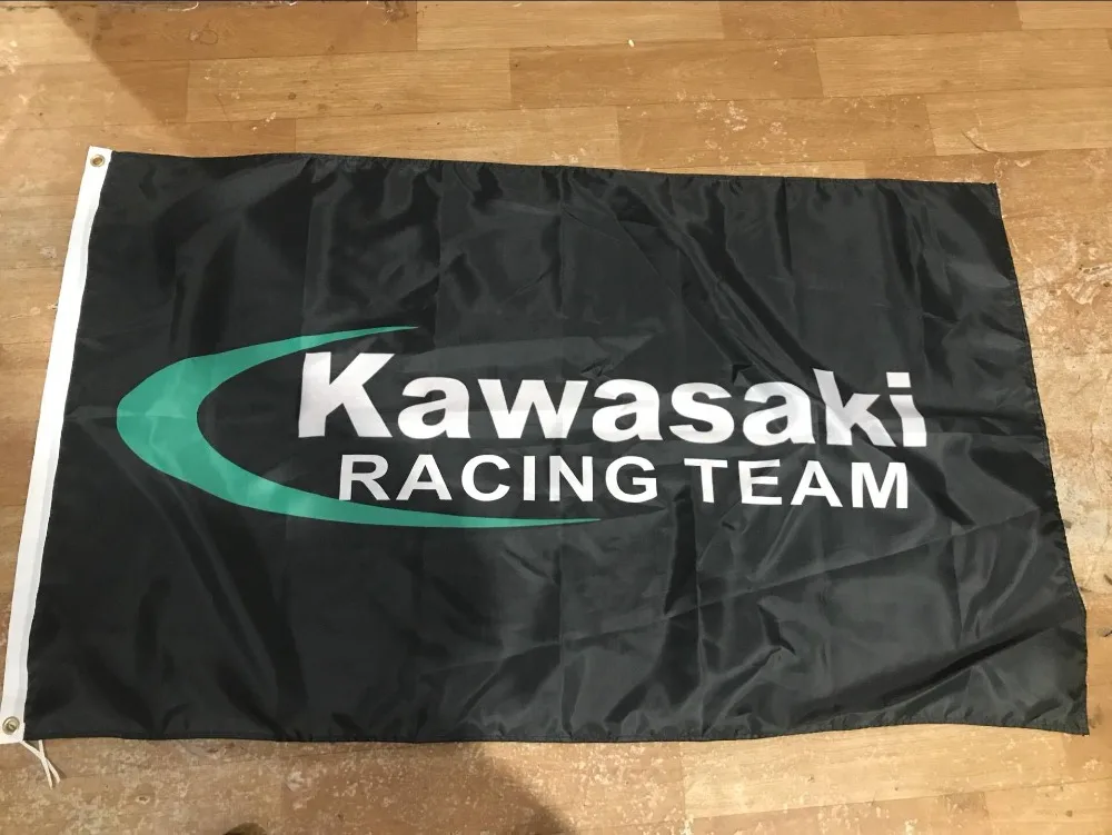 

Флаг Kawasaki 3x5 футов, флаги гоночной команды из полиэстера с 2 проездными комнатными баннерами