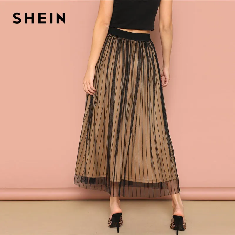 SHEIN Сетчатая Юбка В Полоску С Эластичной Талией Женская Весенняя Повседневная Трапециевидная Прозрачная Миди Юбка