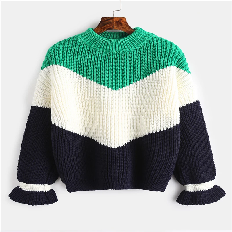 Свитер Женский вязаный с полосками контрастных цветов Осень-зима 2019 | Женская