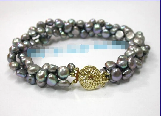 Бесплатная доставка барокко 3 ряда серый жемчуг браслет 9KT застежка 5 25 | Украшения