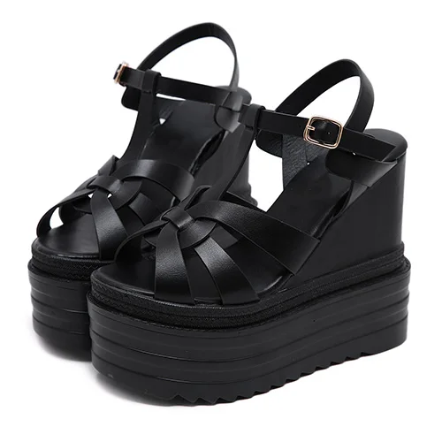 black shoes Gdgydh/женские босоножки на танкетке с перекрестной шнуровкой на высоком каблуке и платформе с открытым носком и ремешком на щиколотке женские свадебные туфли в богемном стиле; цвет белый - Color: black shoes