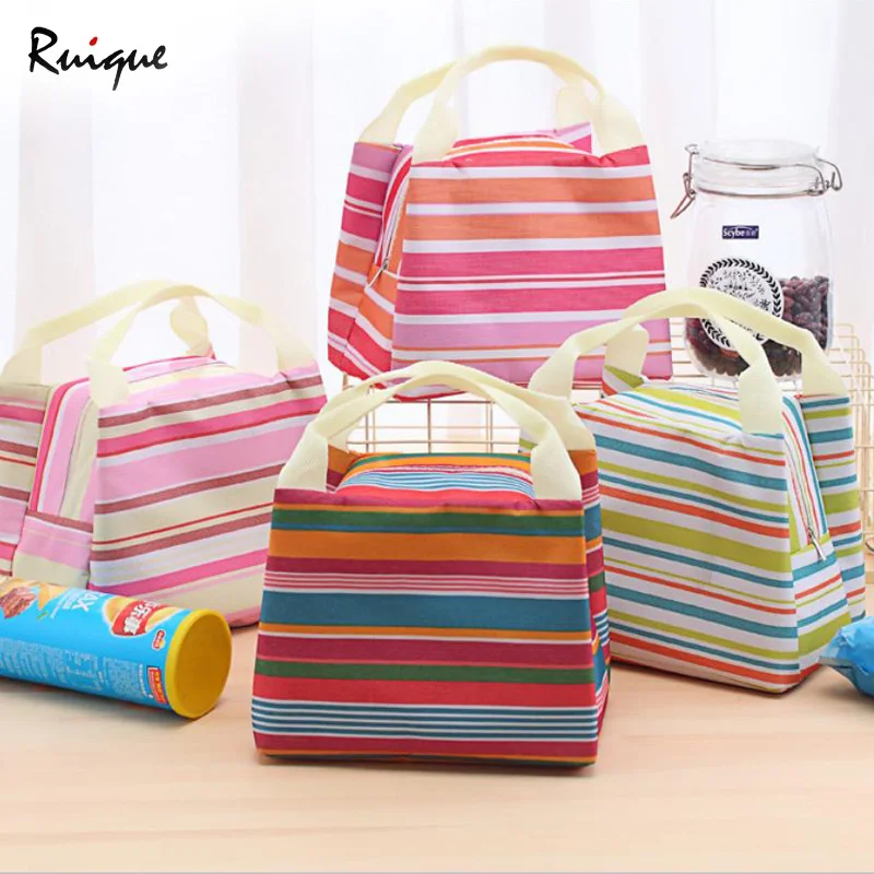 Ruique Insulated Cooler Lunch Bag Candy Color Striped Picnic Storage Box Kids School Office Ladies Thermal Carry Tote | Багаж и сумки