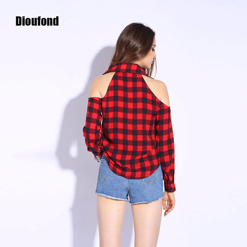 Женская красная клетчатая блузка Dioufond с открытыми плечами длинным рукавом и v