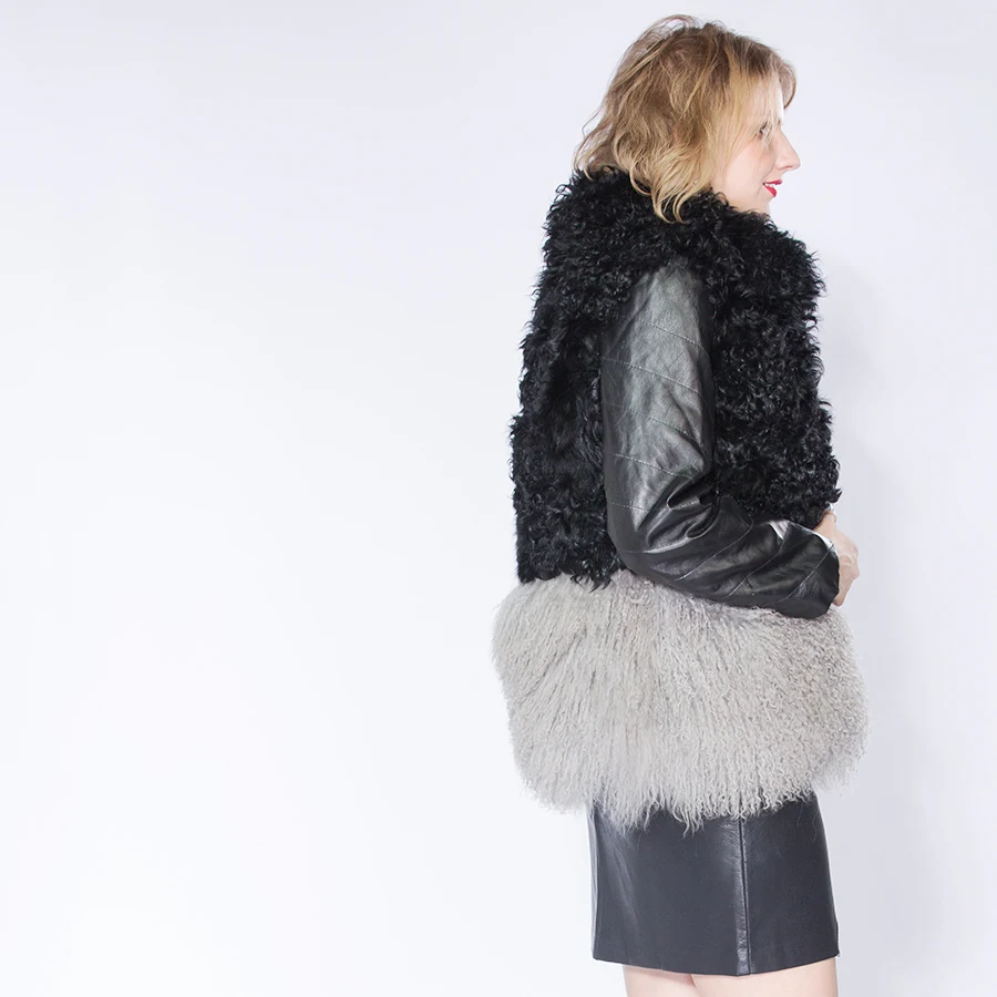Newowlbie Lamb Sheep Skin Sleeve Double Colors Stitching Coat Young Female Winter Real Fur Warm Fashion Slin Thick | Женская одежда