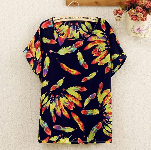 5pcs/lot 2014 Summer Hot Sale Sexy Women Colorful Birds Chiffon shirt Batwing Loose Blouse Casual Tops Free shipping |