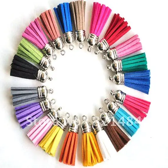 

Hotsale!!! Fashion 35mm 100piece Suede Leather Tassel Fiber Fringe Tassel with Dull Silver Plated Cord Caps Stopper Charms
