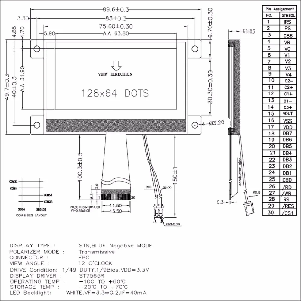 Синий Графический 12864 COG lcd модуль Дисплей с белой подсветкой встроенный ST765R(без сенсорной панели