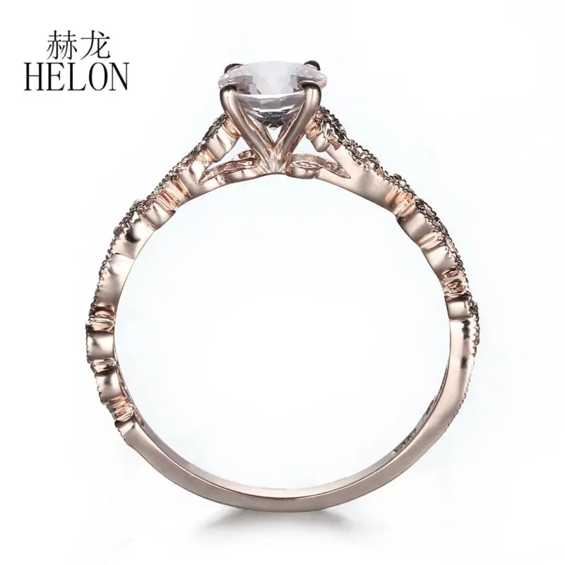 

HELON Solid 14K Rose Gold 5.5mm Round 0.59ctNatural Morganite Diamonds Engagement Wedding Ring Women Party Vintage Jewelry Gift