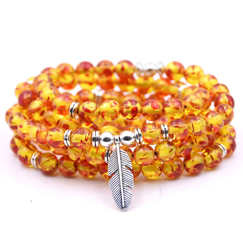 Amber Йога браслет с подвеской в виде пера 8 мм 108 мала Natural Energy Stone ручная вышивка стразами браслет или ожерелье медитации 18 стилей - Окраска металла: Amber