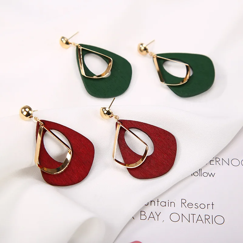 Coffee Green Red Hollow Wooden Drip Golden Metallic Hoop Fashion Dangle Earrings Drop for Women | Украшения и аксессуары