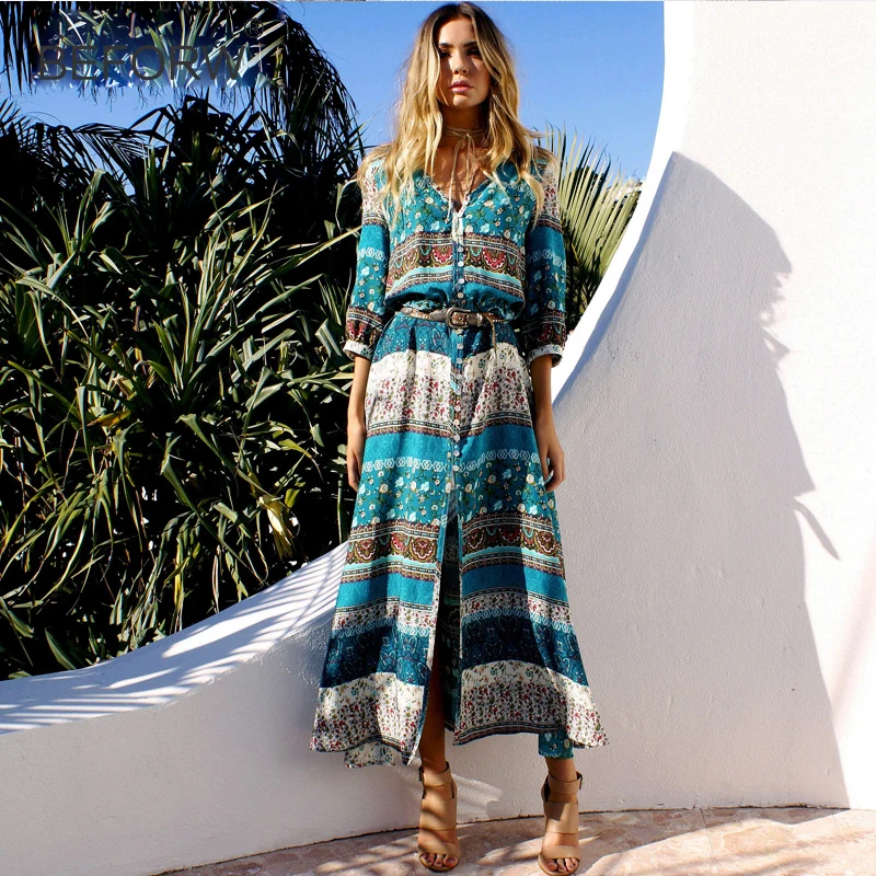 BEFORW Bohemia V-neck Long Maxi Women Dresses Floral Print Ethnic Beach Women's Summer Fashion Split Sexy dress Female Clothing | Женская