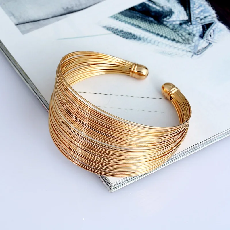 Gold color LZHLQ многослойный металлический проволочный Браслет-манжета для женщин модные брендовые ювелирные изделия аксессуары геометрический открытый Макси жесткий браслет в стиле панк - Окраска металла: Gold color