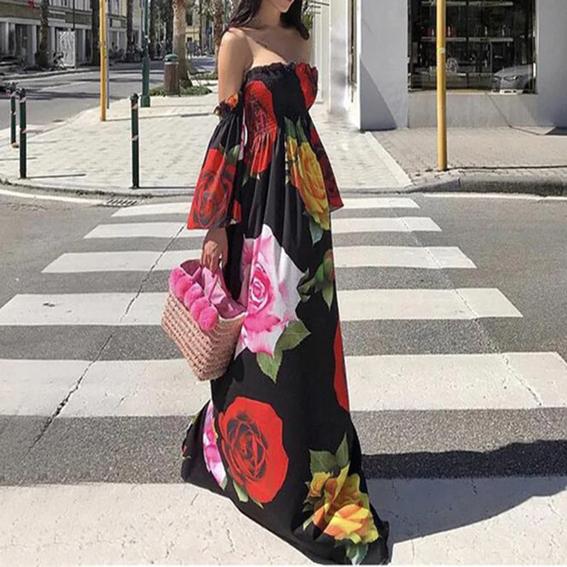 2019 Летнее Длинное платье с цветочным принтом Boho пляжное туника Макси женское
