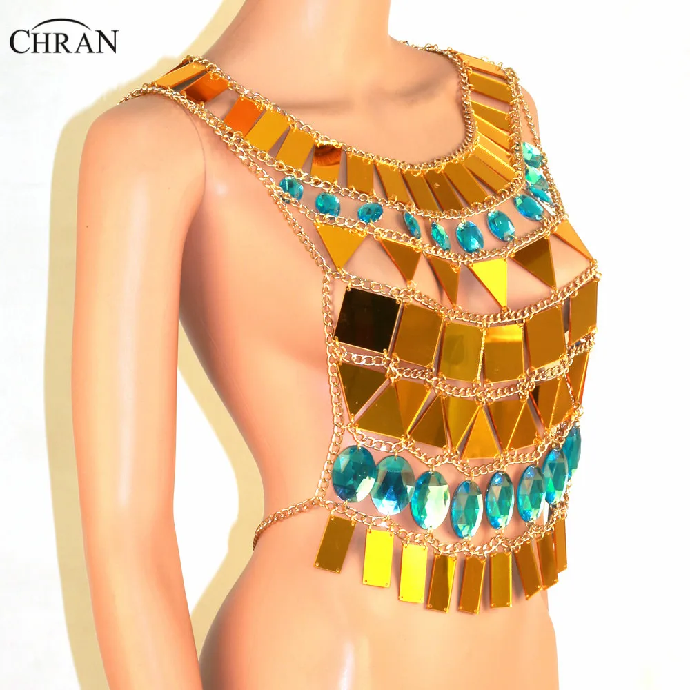 Золотистый зеркальный Топ Chran из плексигласа кроп топ Chainmail бюстгальтер ожерелье