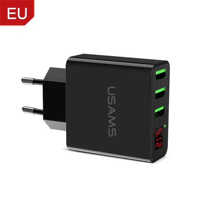 USAMS 3 порта USB зарядное устройство светодиодный дисплей EU штекер 3A Быстрая зарядка дорожное настенное зарядное устройство для iPhone samsung зарядное устройство для мобильного телефона - Тип штекера: EU Black